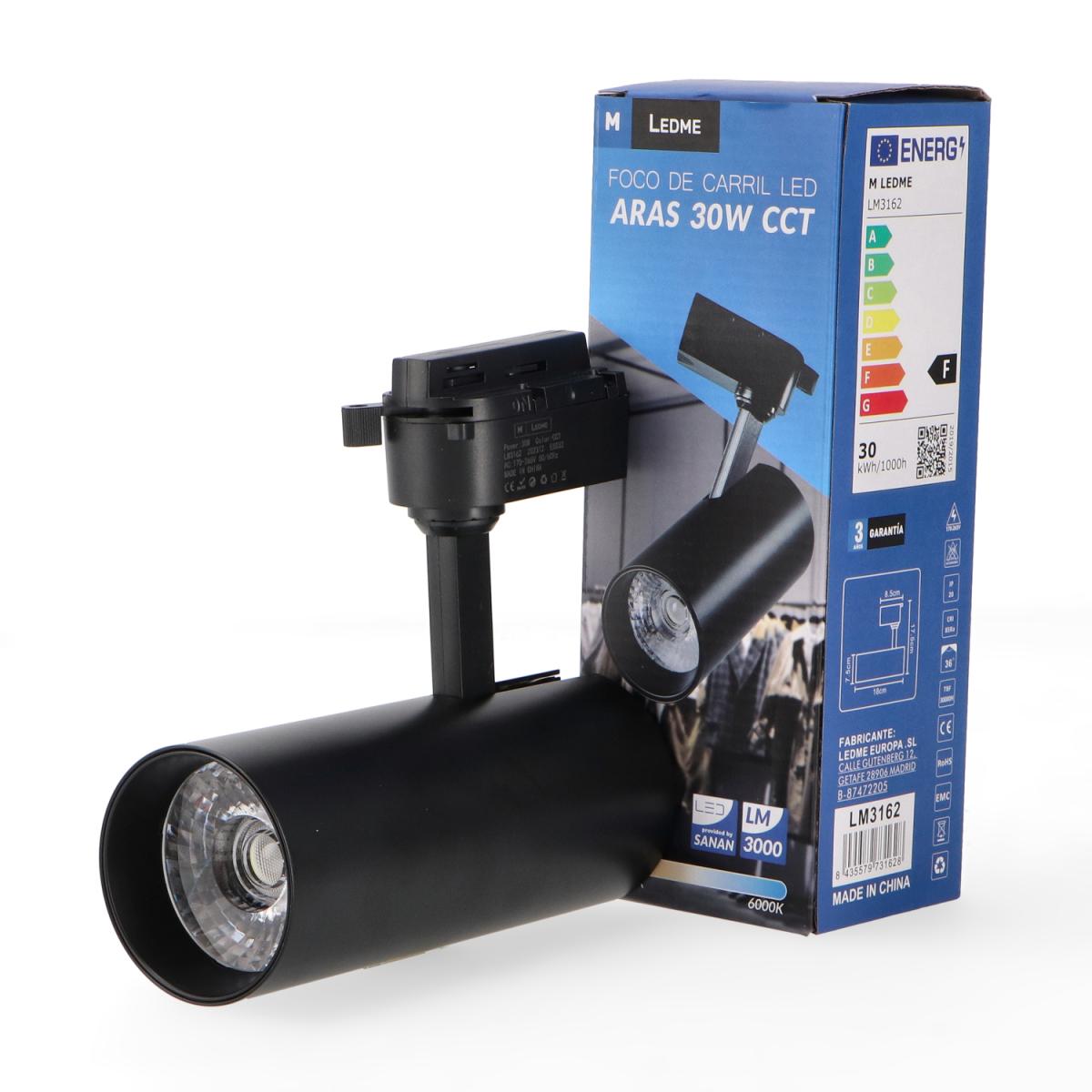 Foco LED para carril Black Aras 30W Monofásico CCT Negro