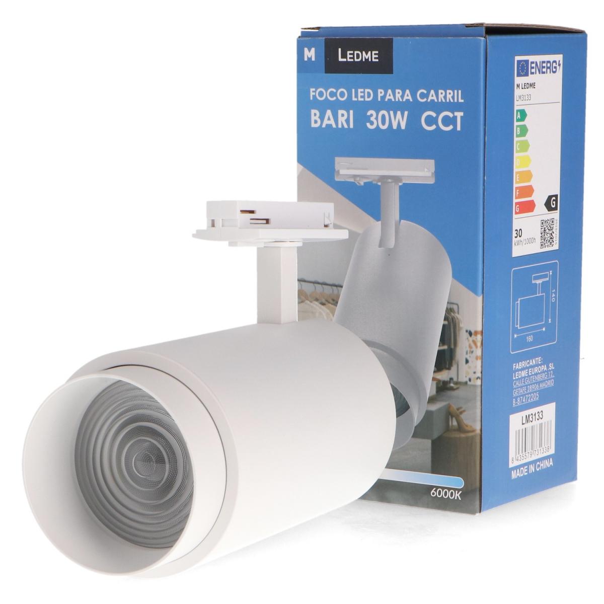 Foco LED para carril White Bari 30W Óptica Regulable Monofásico CCT