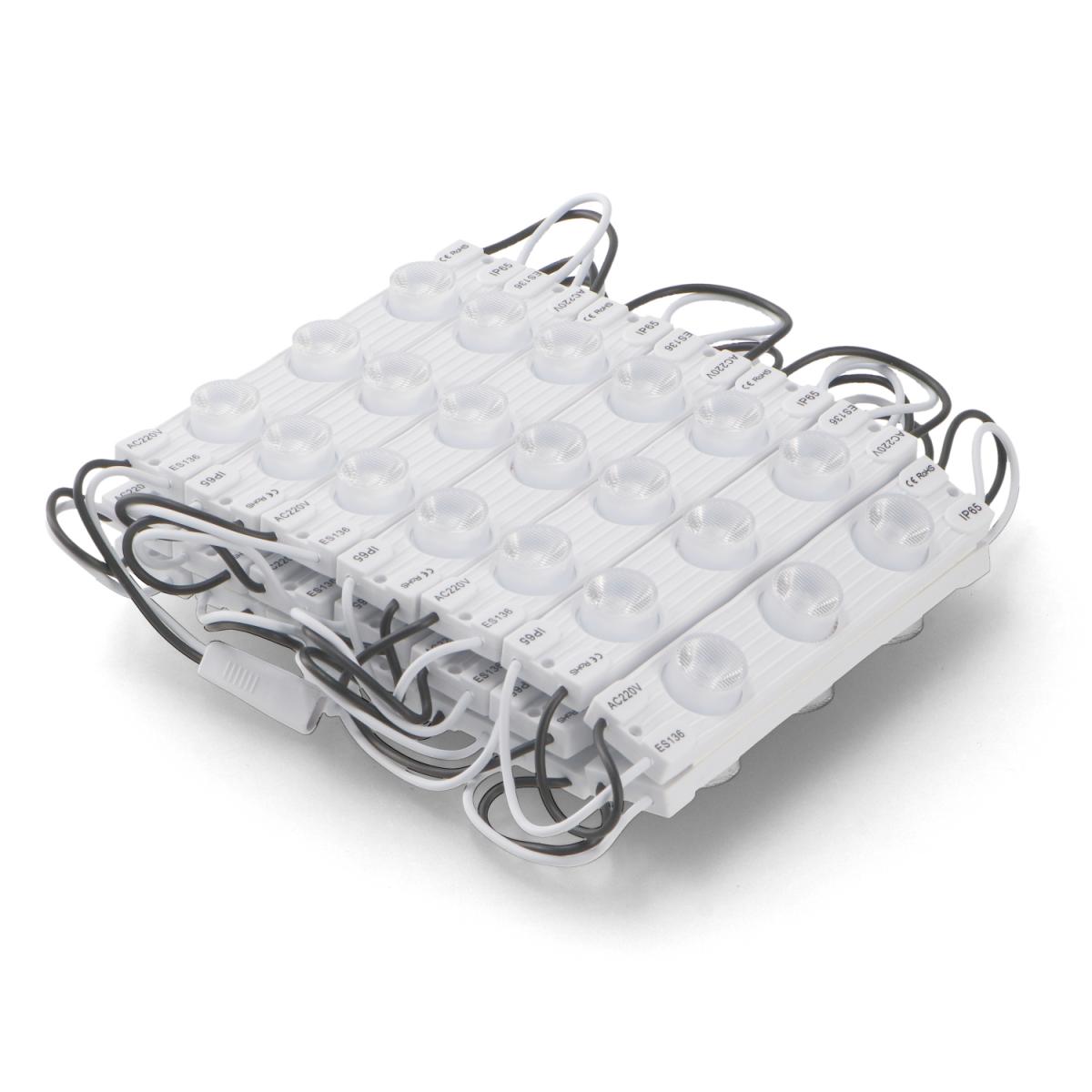 Cadena de 20 Módulos de 3 LED SMD Sanan 220V AC 3WChaîne de 20 modules de 3 LEDS SMD Sanan 220V AC 3WCatena 20 moduli x 3 LED SMD Sanan 220V AC 3WCorr