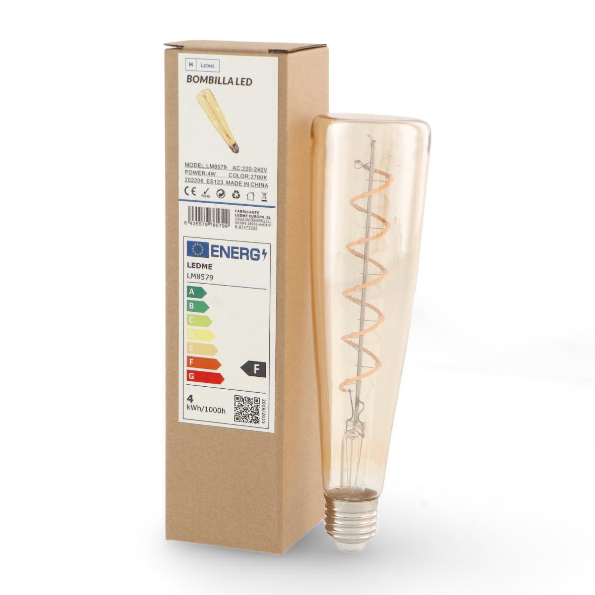 Bombilla LED Filamento Espiral E27 Botella 62 mm 4W Ámbar